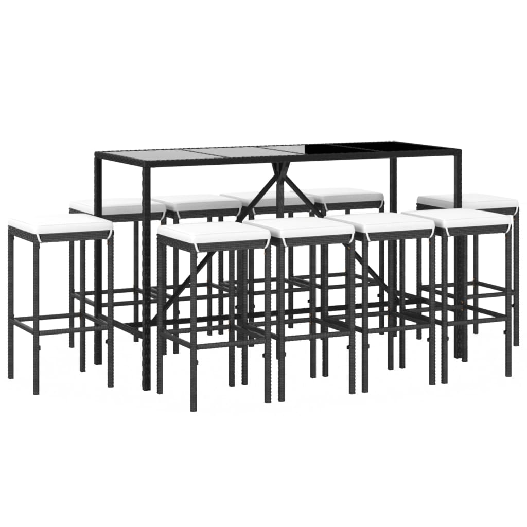 11 pcs conjunto de bar p/ jardim c/ almofadões vime PE preto