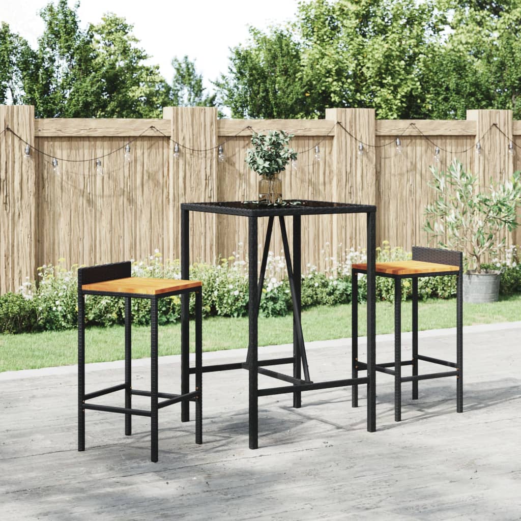 3 pcs conjunto de bar p/ jardim vime PE/acácia maciça preto