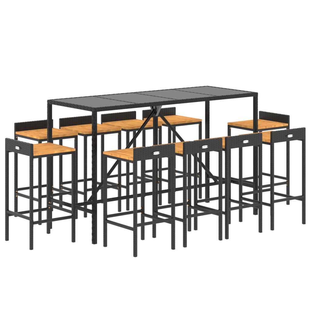 11 pcs conjunto de bar p/ jardim vime PE/acácia maciça preto