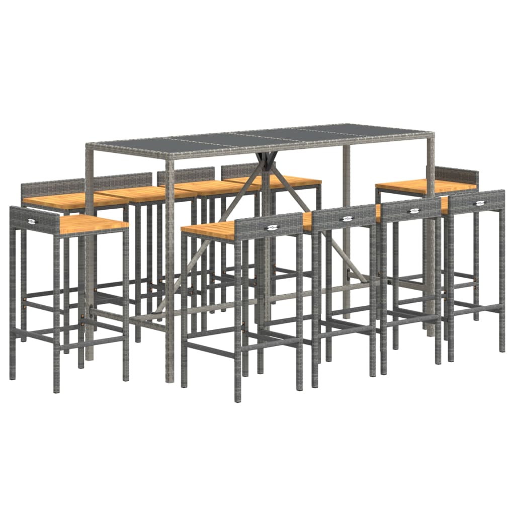 11 pcs conjunto de bar p/ jardim vime PE/acácia maciça cinzento