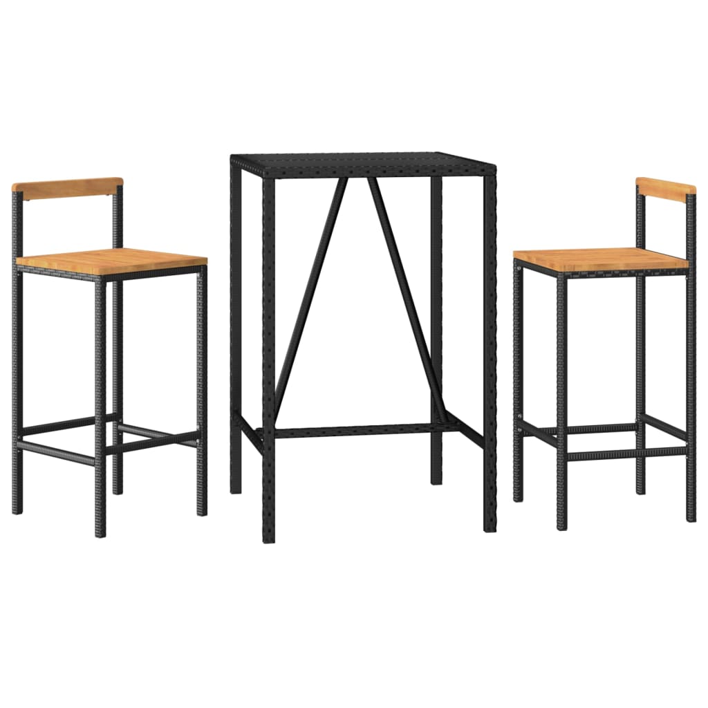 3 pcs conjunto de bar p/ jardim vime PE/acácia maciça preto