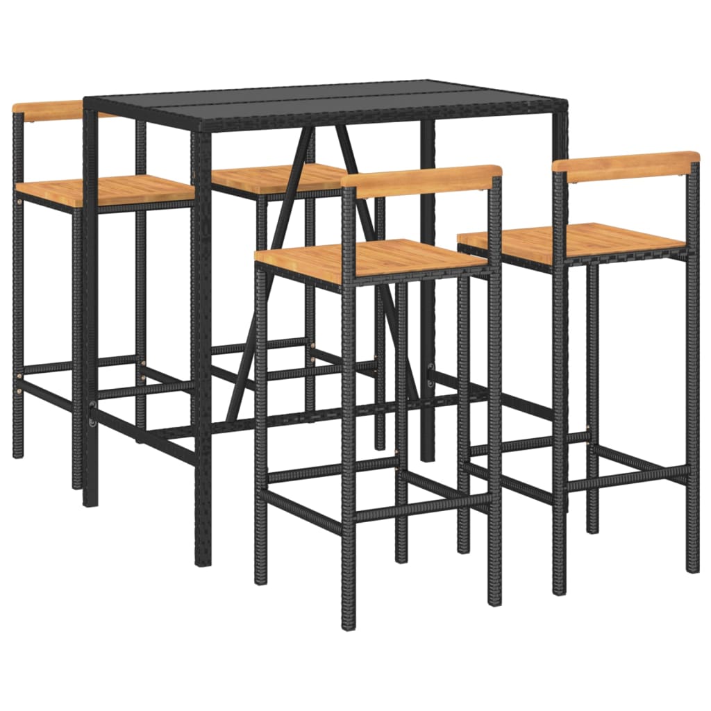 5 pcs conjunto de bar p/ jardim vime PE/acácia maciça preto