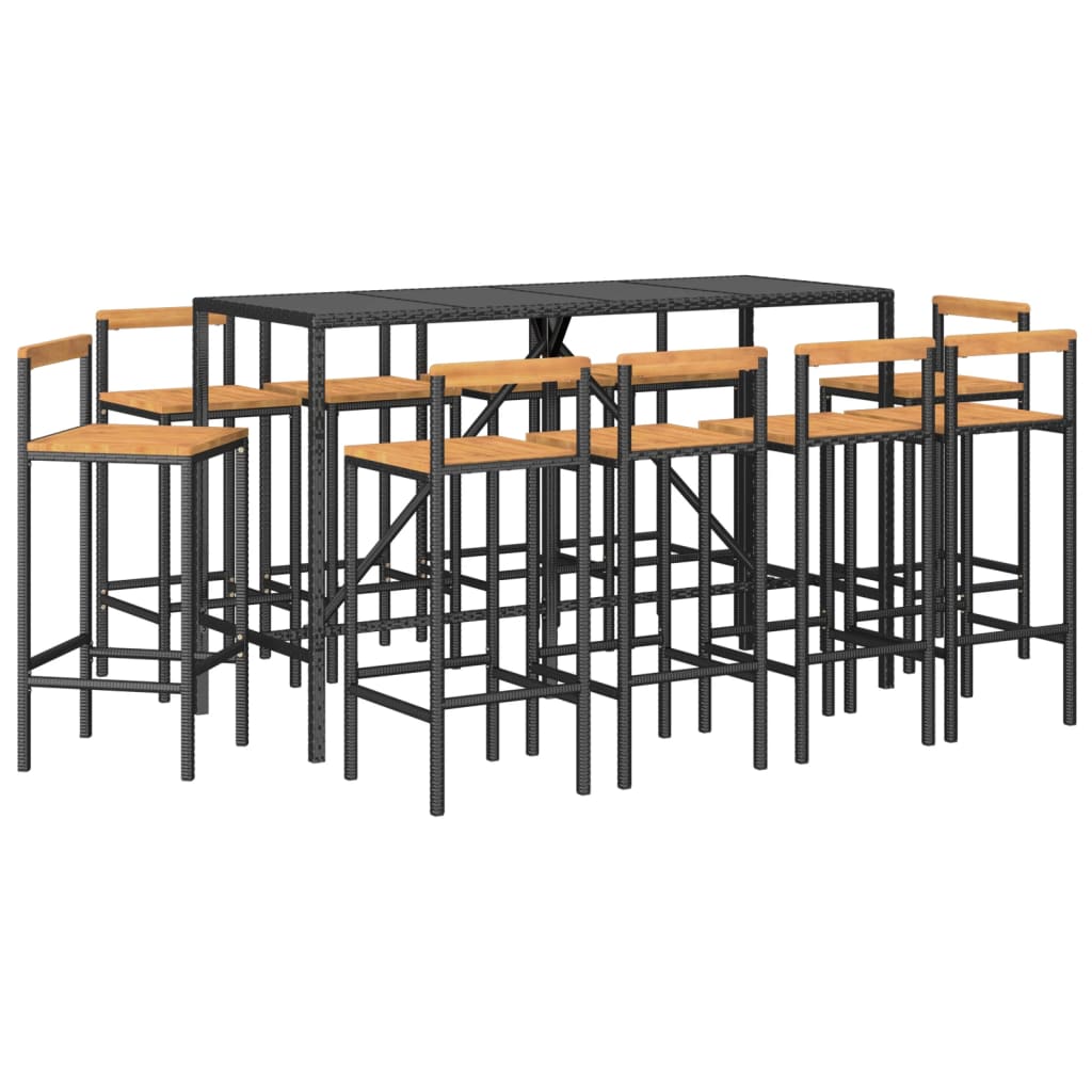 11 pcs conjunto de bar p/ jardim vime PE/acácia maciça preto