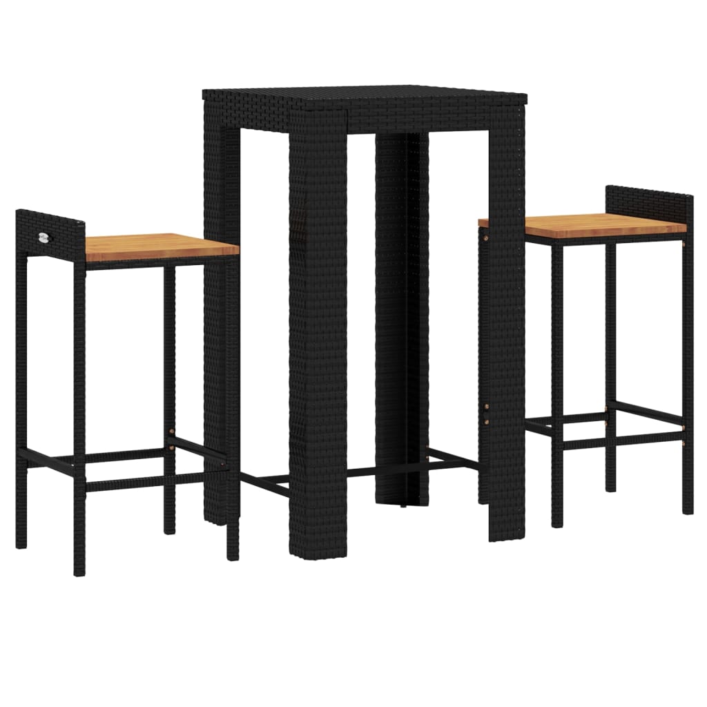 3 pcs conjunto de bar p/ jardim vime PE/acácia maciça preto