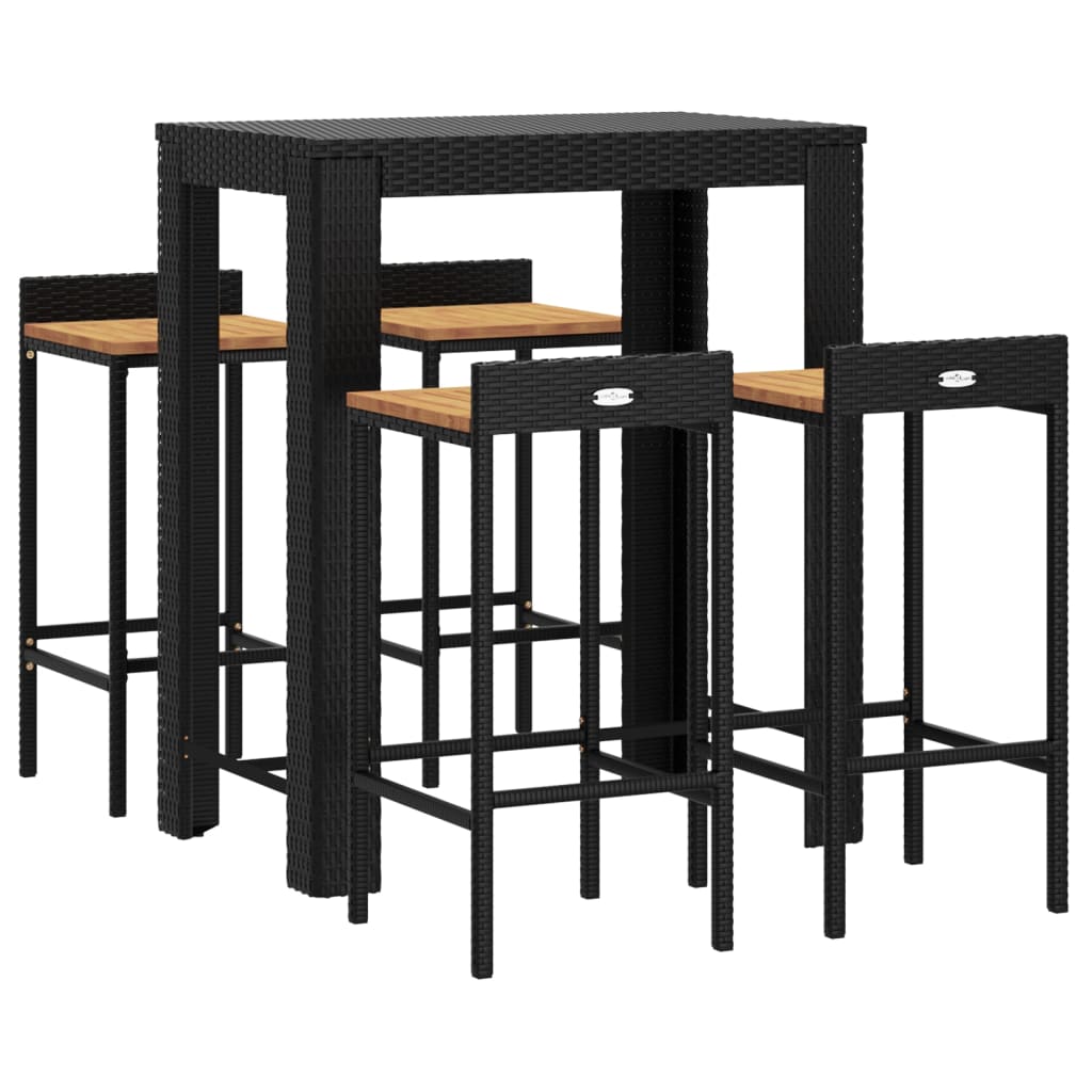 5 pcs conjunto de bar p/ jardim vime PE/acácia maciça preto