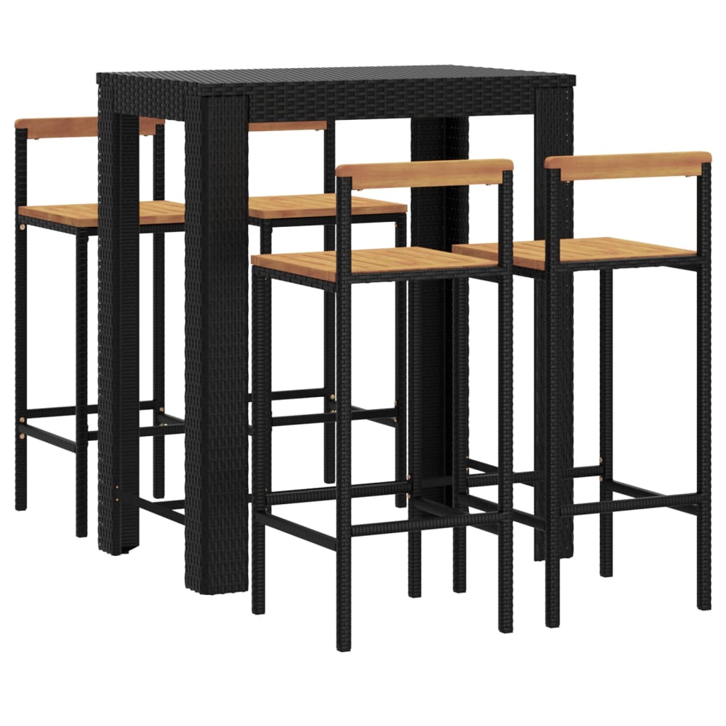 5 pcs conjunto de bar p/ jardim vime PE/acácia maciça preto