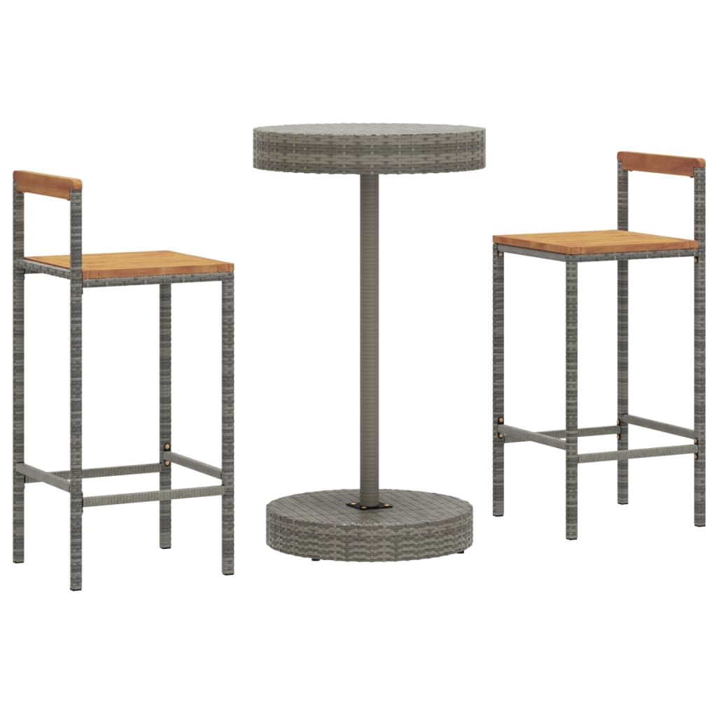 3 pcs conjunto de bar p/ jardim vime PE/acácia maciça cinzento