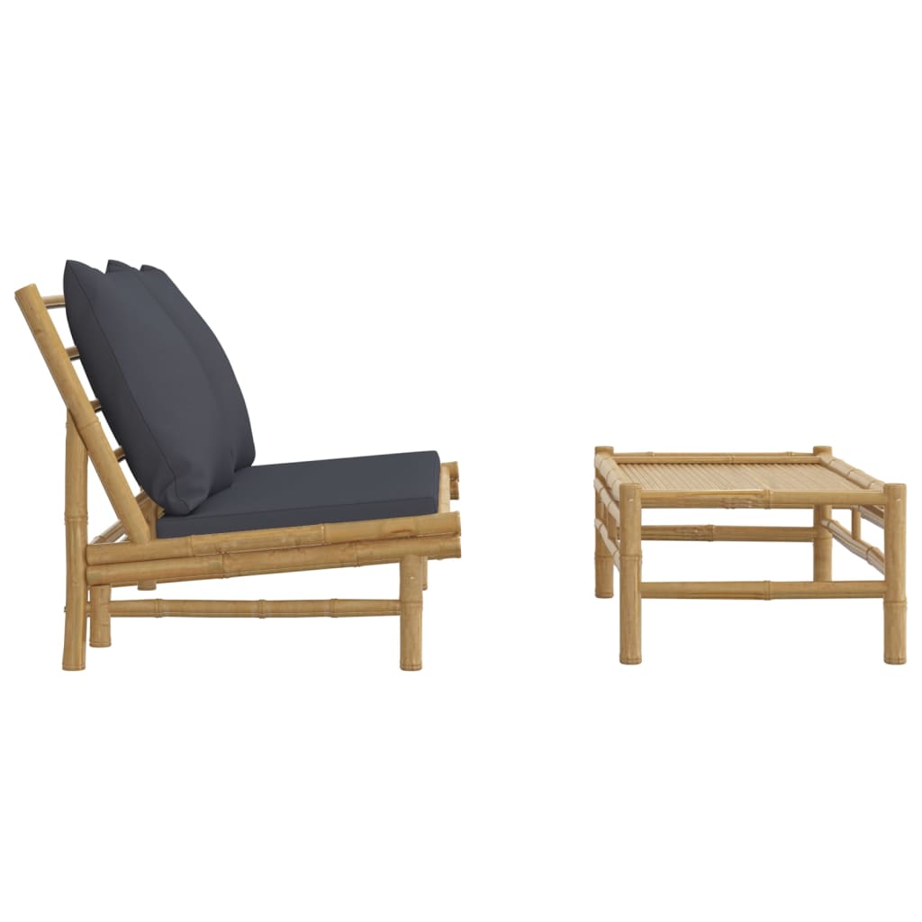 2pcs conj. lounge de jardim bambu c/ almofadões cinzento-escuro