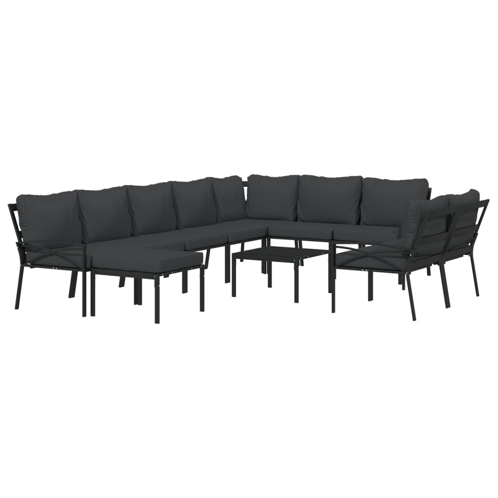 11 pcs conjunto lounge de jardim aço c/ almofadões cinzentos