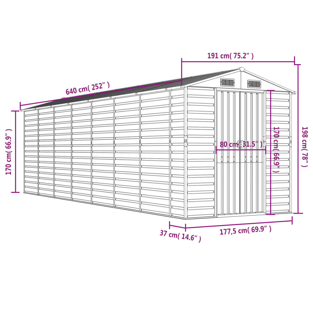 Abrigo de jardim 191x640x198 cm aço galvanizado verde