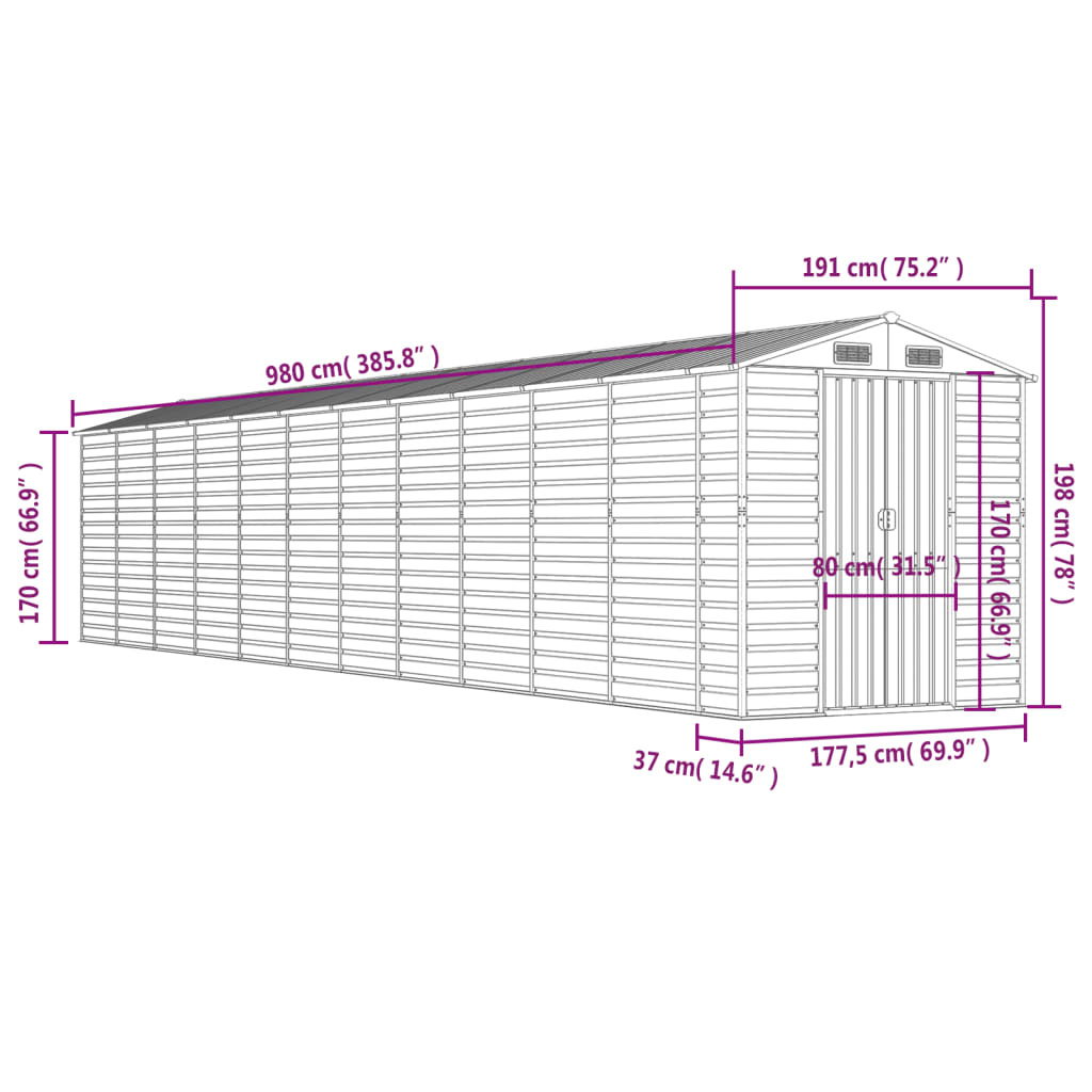 Abrigo de jardim 191x980x198 cm aço galvanizado verde