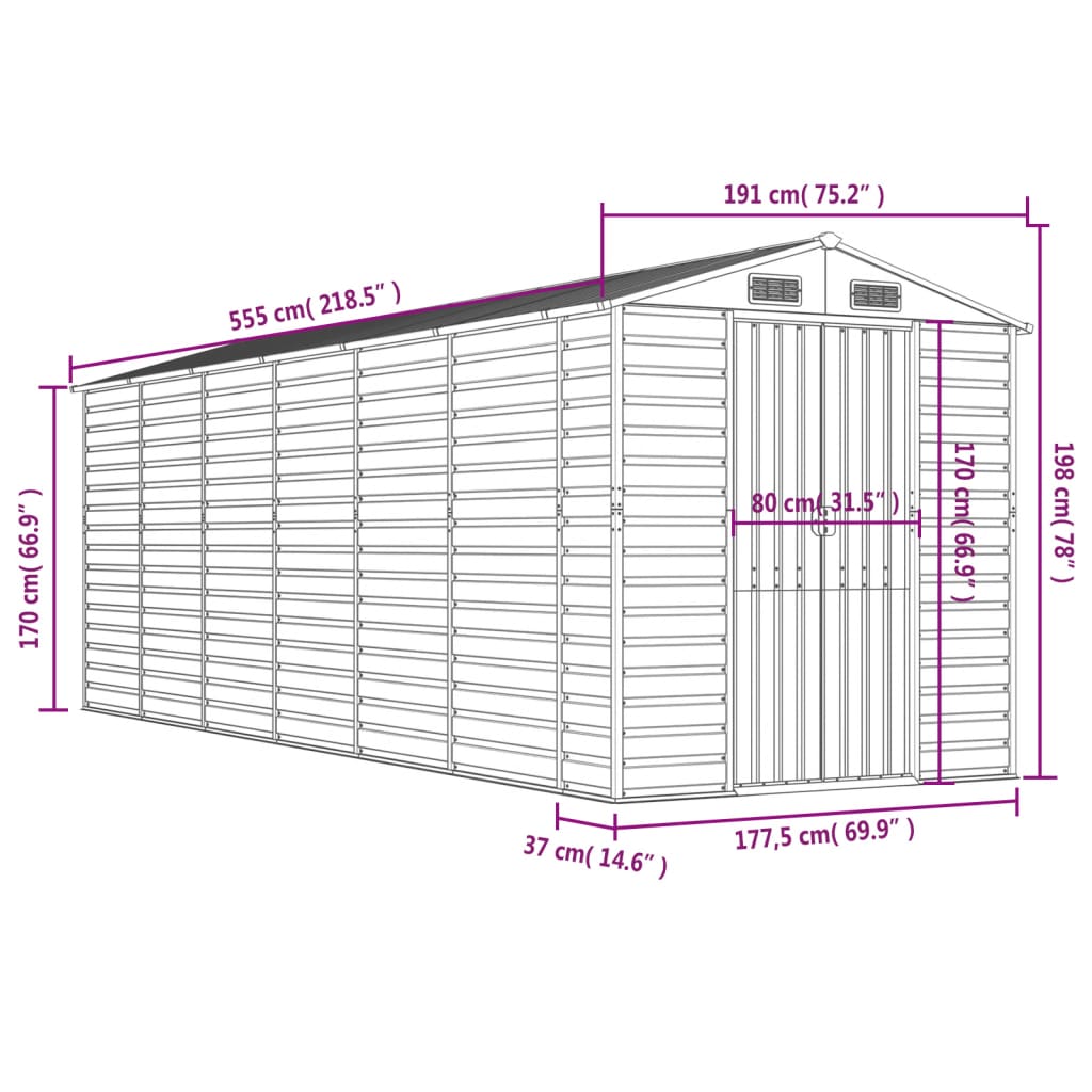 Abrigo de jardim cinza claro 191x555x198 cm aço galvanizado