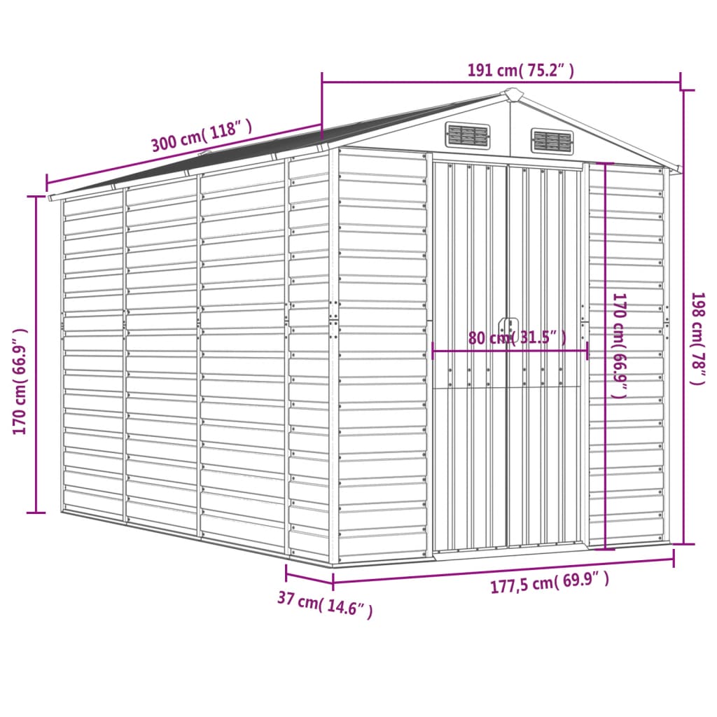 Abrigo de jardim castanho 191x300x198 cm aço galvanizado