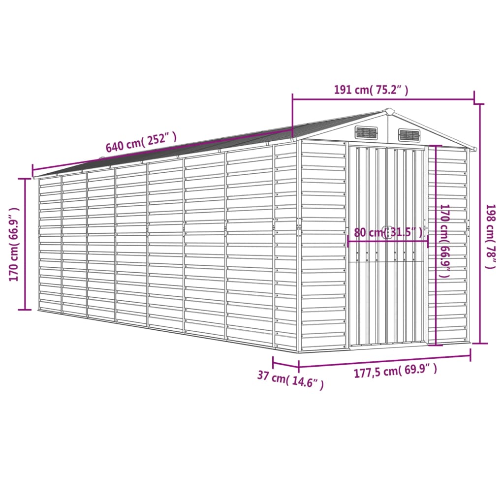 Abrigo de jardim 191x640x198 cm aço galvanizado castanho-claro