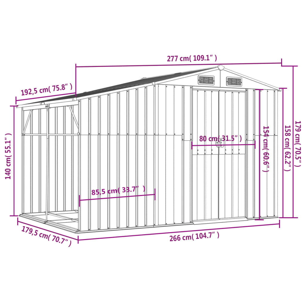 Abrigo de jardim 277x192,5x179 cm aço galvanizado cinzento