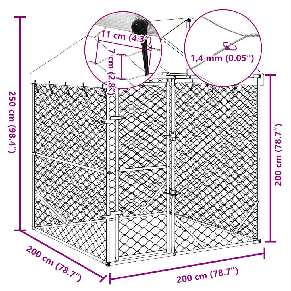 Canil de exterior com teto 2x2x2,5m aço galvanizado prateado