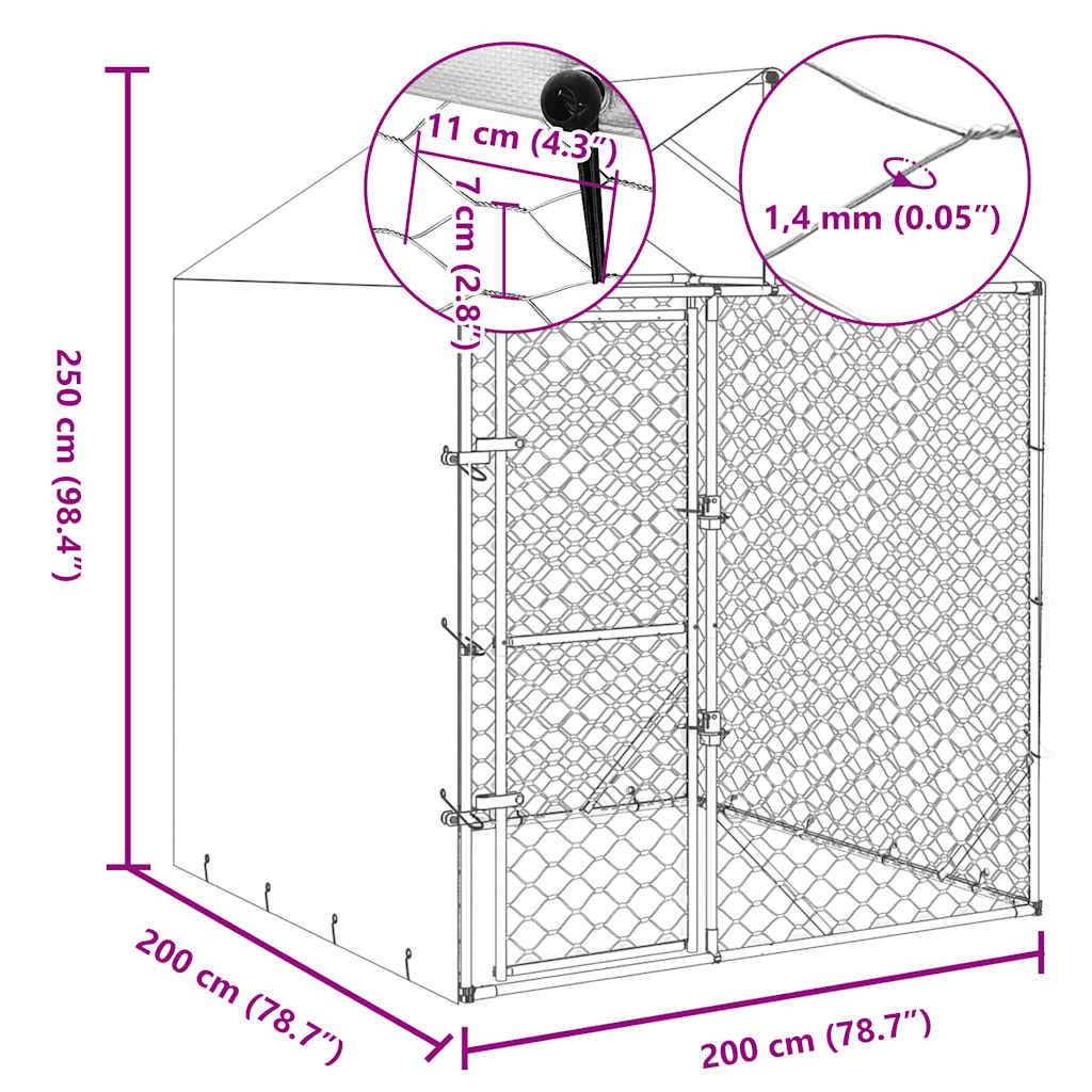Canil de exterior com teto 2x2x2,5m aço galvanizado prateado