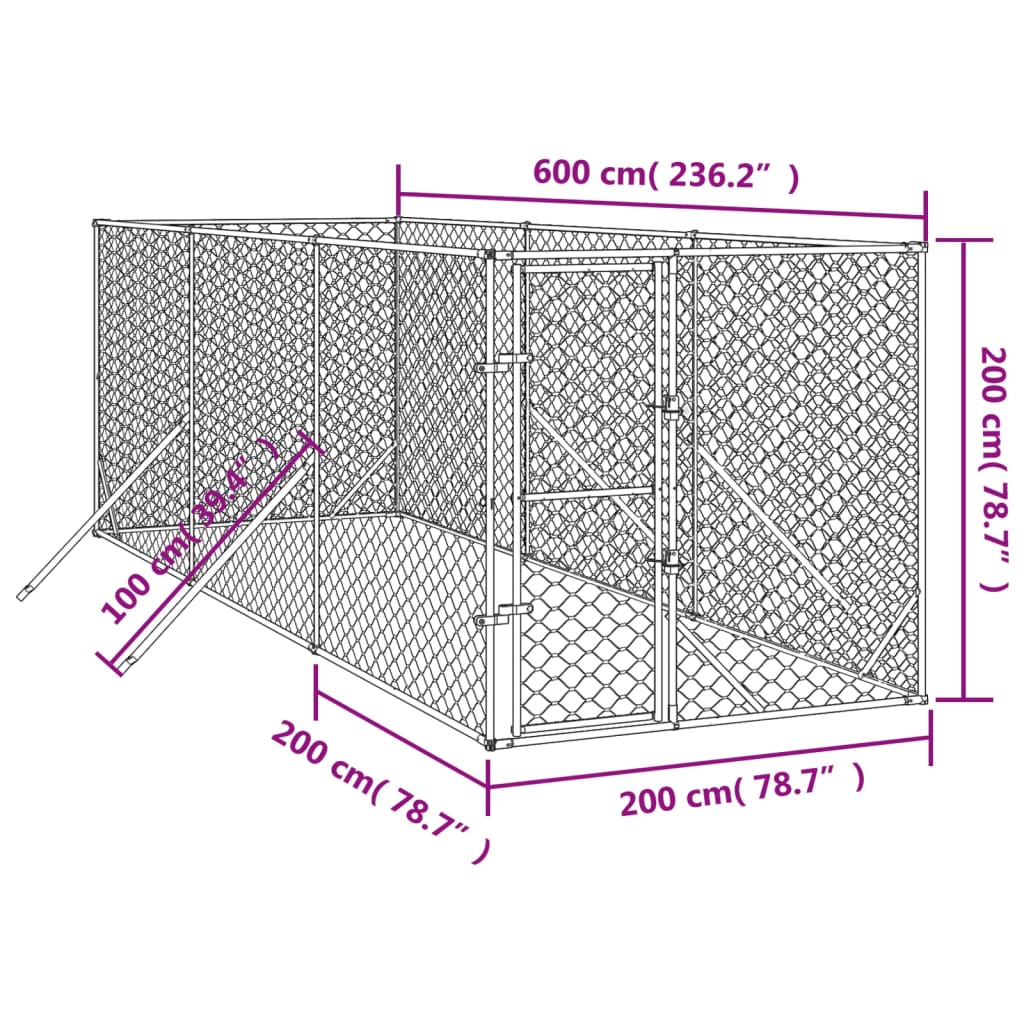Canil de exterior 2x6x2 m aço galvanizado prateado