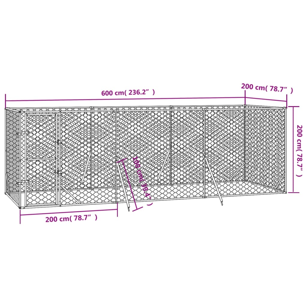 Canil de exterior 6x2x2 m aço galvanizado prateado