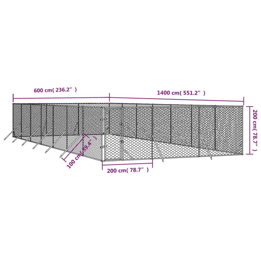 Canil de exterior 6x14x2 m aço galvanizado prateado