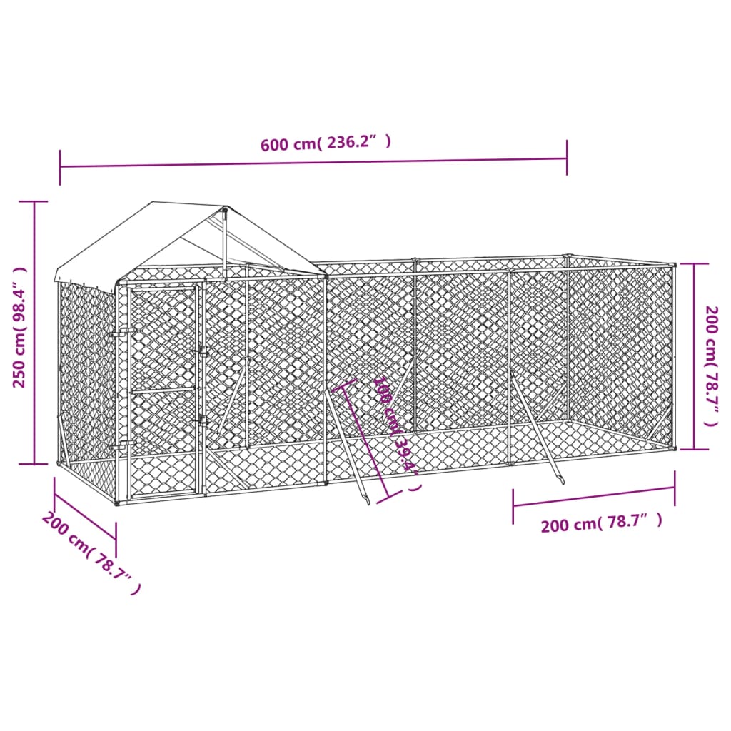 Canil de exterior com teto 6x2x2,5 m aço galvanizado prateado
