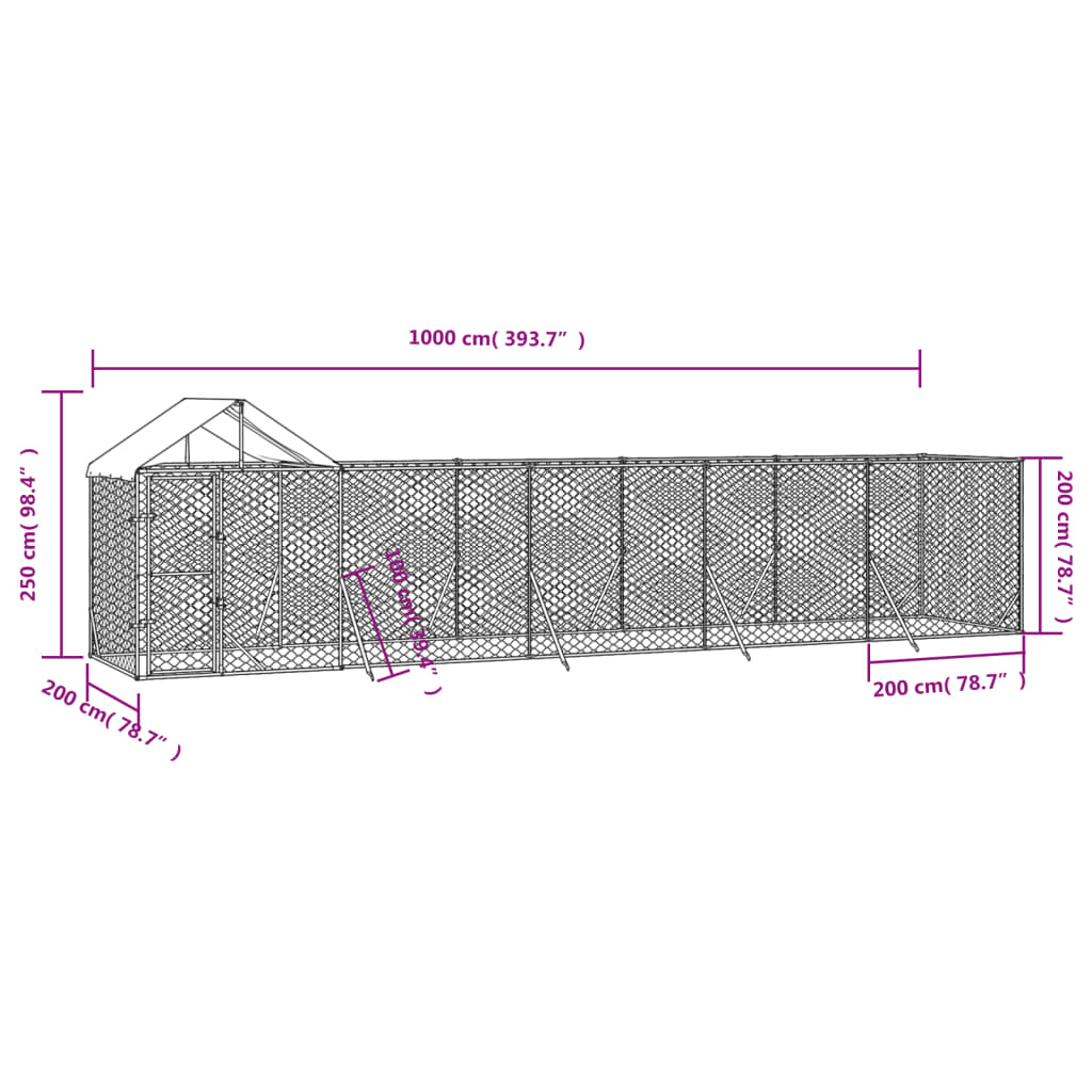 Canil de exterior com teto 10x2x2,5 m aço galvanizado prateado