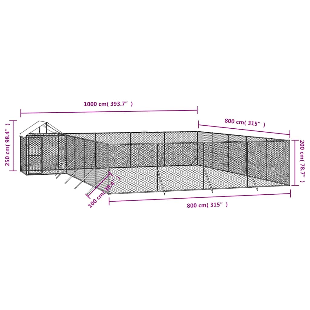 Canil de exterior com teto 10x8x2,5 m aço galvanizado prateado