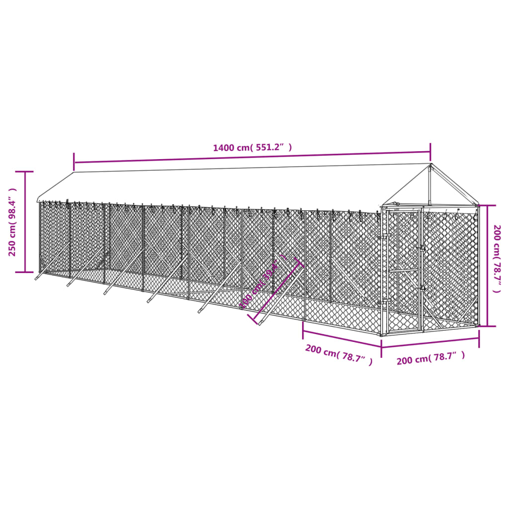 Canil de exterior com teto 2x14x2,5 m aço galvanizado prateado