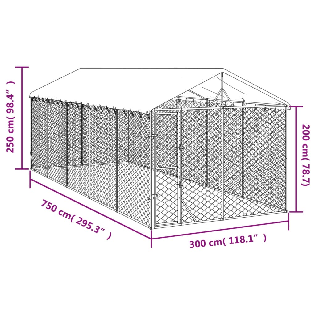 Canil de exterior com teto 3x7,5x2,5 m aço galvanizado prateado