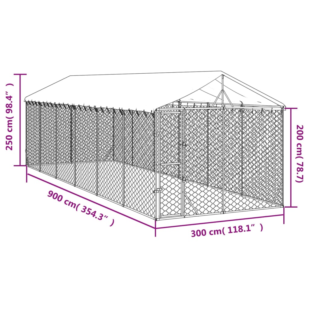Canil de exterior com teto 3x9x2,5 m aço galvanizado prateado