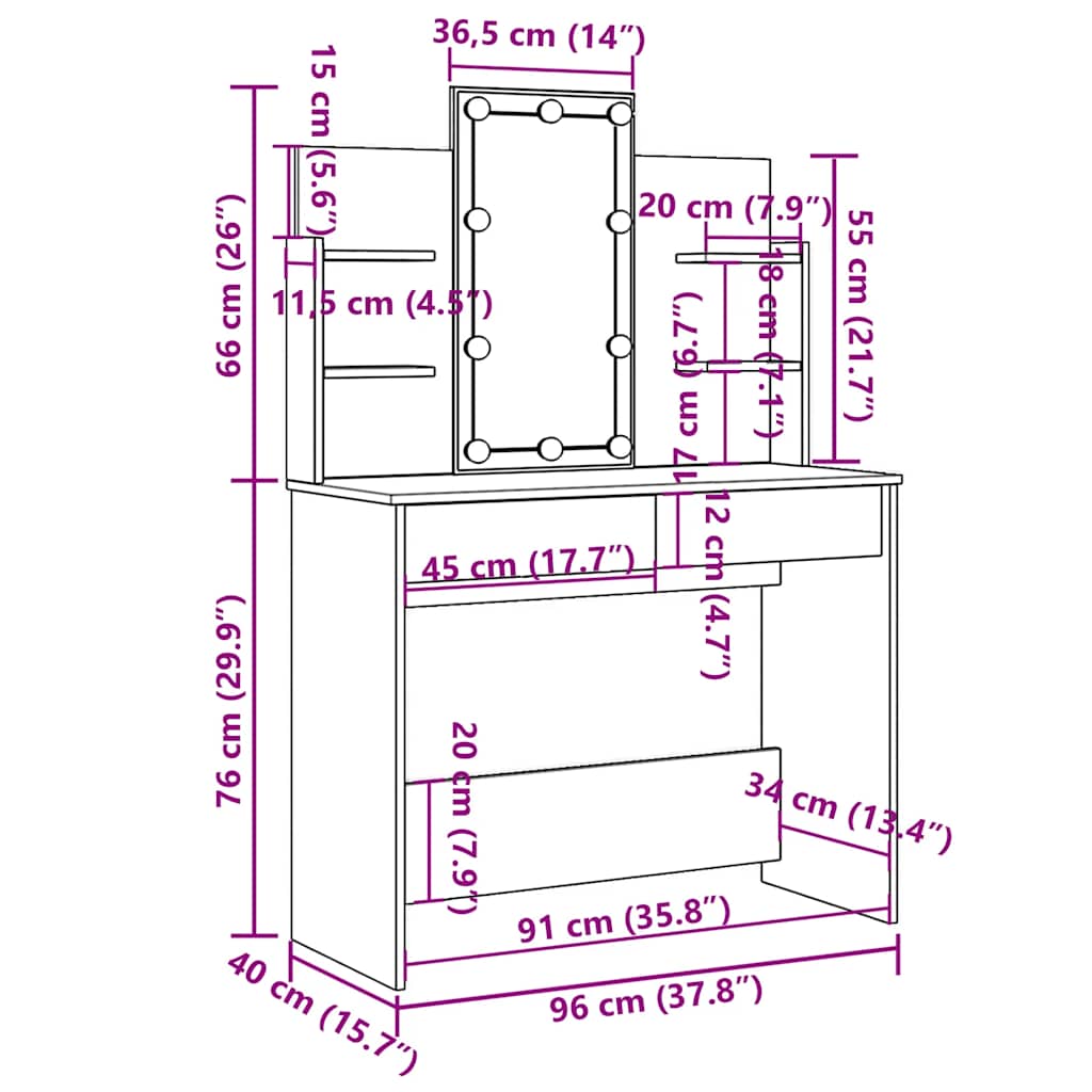 Toucador com luzes LED 96x40x142 cm branco