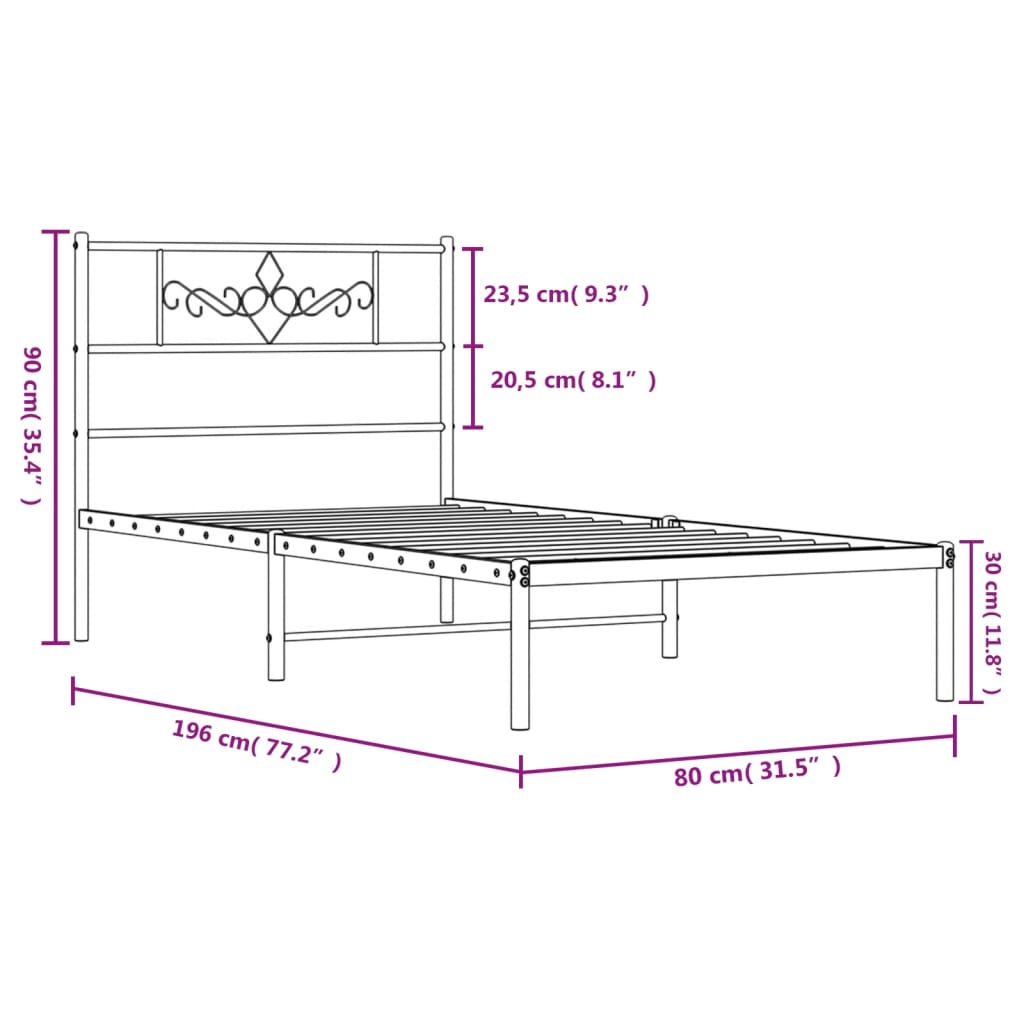 Estrutura de cama metal s/ colchão c/ cabeceira 75x190 cm preto