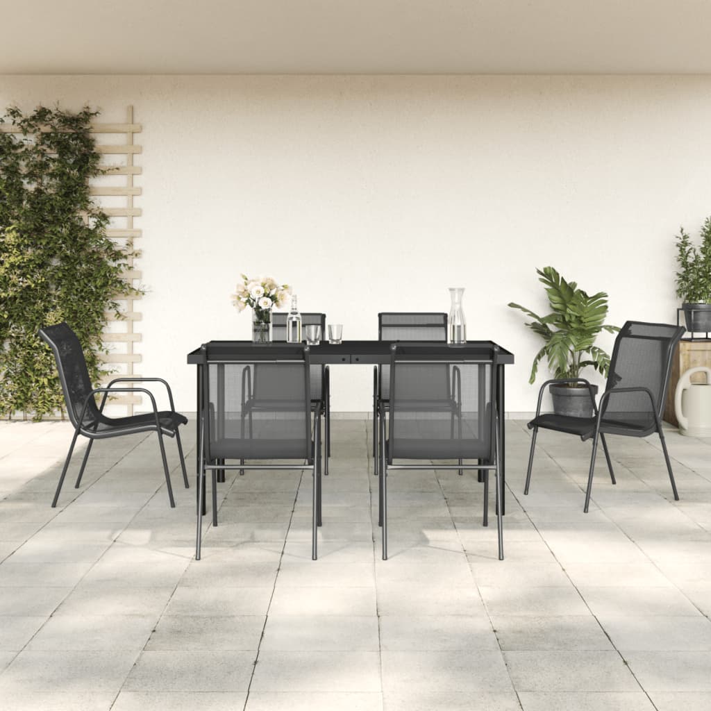 7 pcs conjunto de jantar para jardim aço e textilene preto