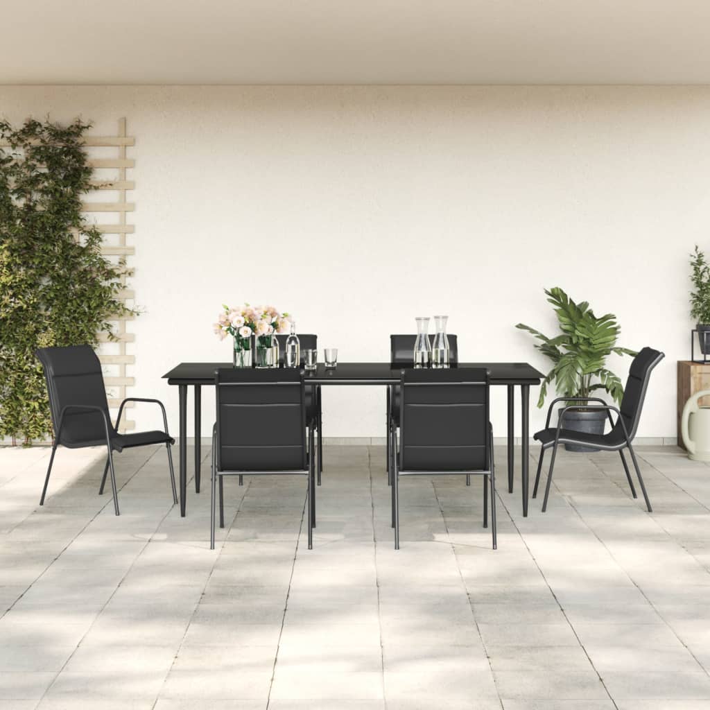 7 pcs conjunto de jantar para jardim aço e textilene preto