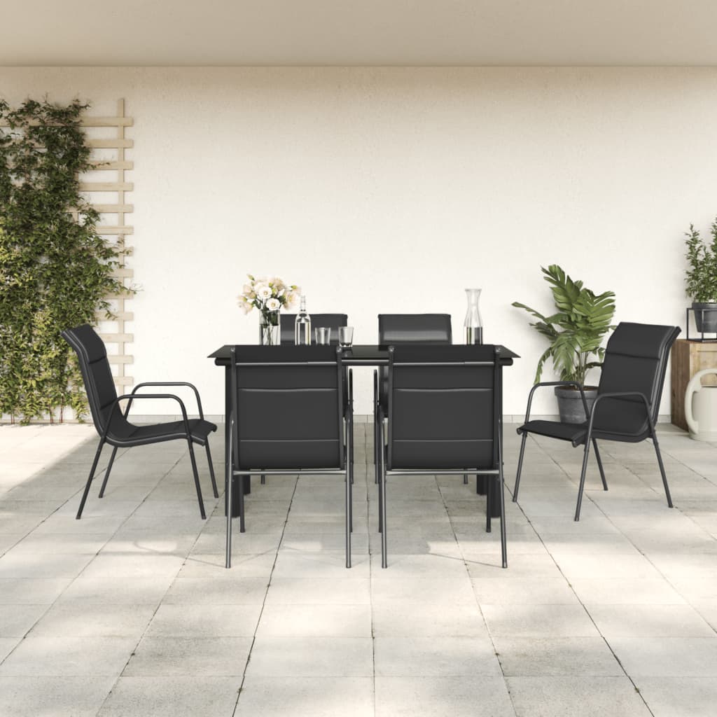 7 pcs conjunto de jantar para jardim aço e textilene preto