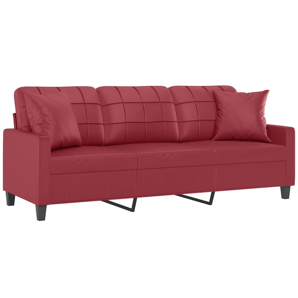 Sofá 3 lug. c/ almofadas 180 cm couro artificial vermelho tinto