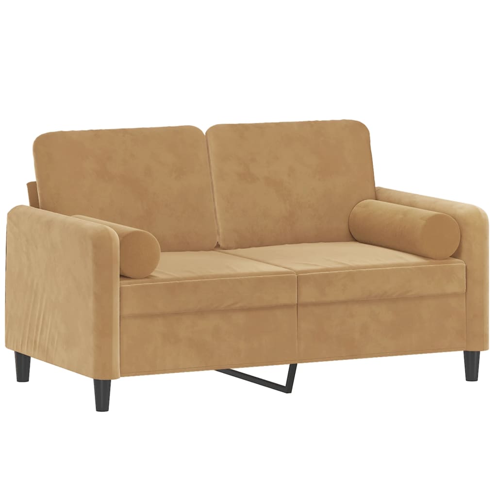 Sofá 2 lugares c/ almofadas decorativas 120 cm veludo castanho