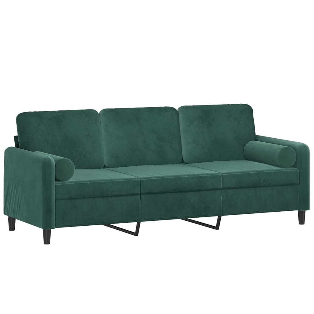 Sofá 3 lug. c/ almofadas decorativas 180 cm veludo verde-escuro