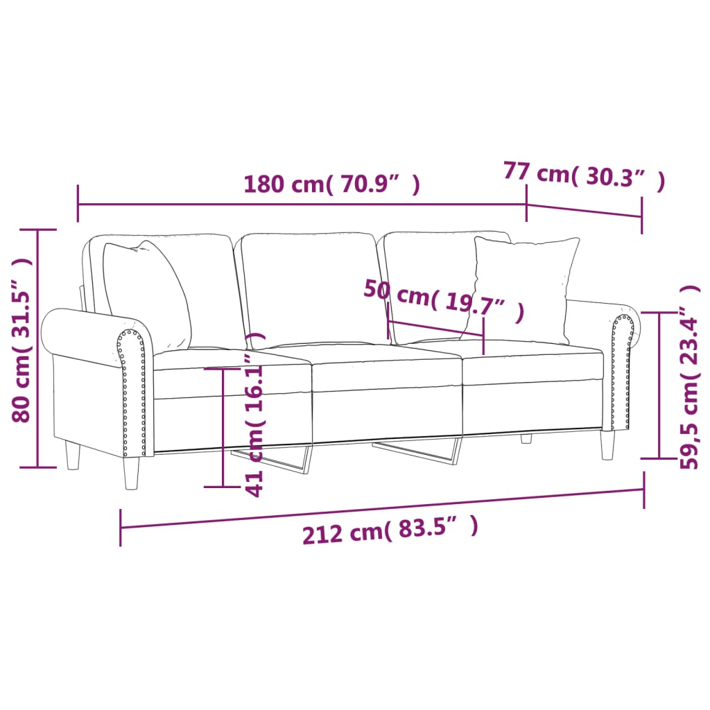 Sofá 3 lugares c/ almofadas decorativas 180 cm veludo preto