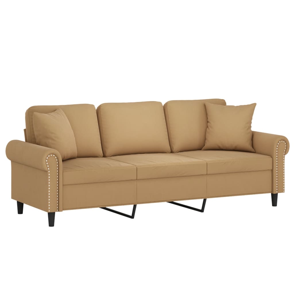 Sofá 3 lugares c/ almofadas decorativas 180 cm veludo castanho