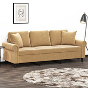 Sofá 3 lugares c/ almofadas decorativas 180 cm veludo castanho