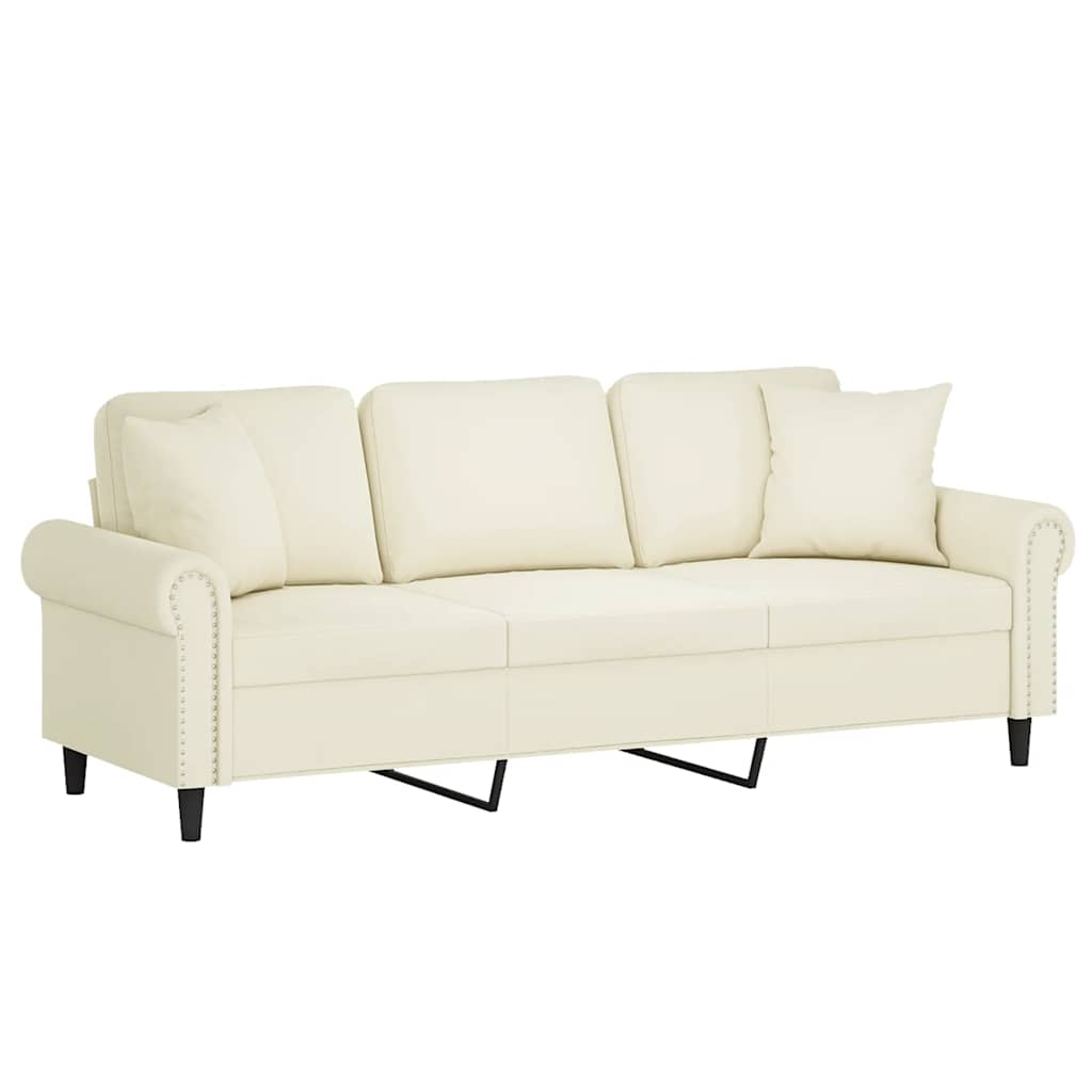 Sofá 3 lugares c/ almofadas decorativas 180 cm veludo creme