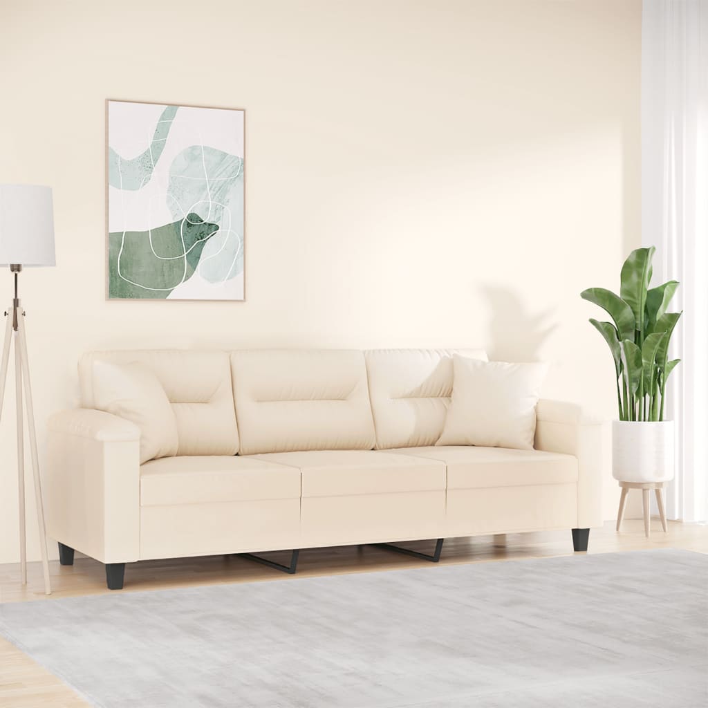 Sofá 3 lugares c/ almofadas 180 cm microfibra bege