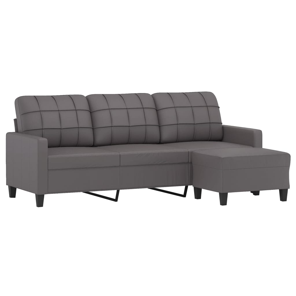 Sofá de 3 lugares c/ apoio de pés 180 cm couro artificial cinza