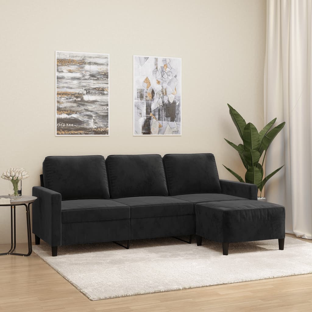 Sofá de 3 lugares com apoio de pés 180 cm veludo preto