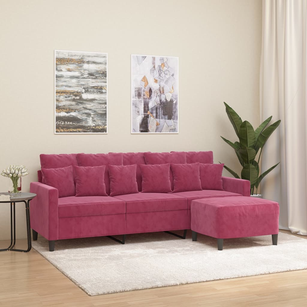 Sofá de 3 lugares com apoio de pés 180 cm veludo vermelho tinto