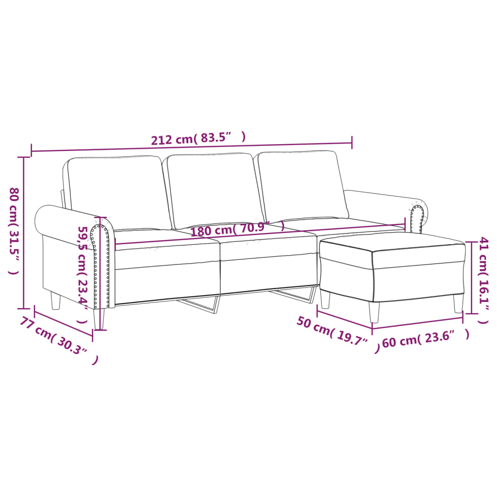 Sofá de 3 lugares com apoio de pés 180 cm veludo cor creme
