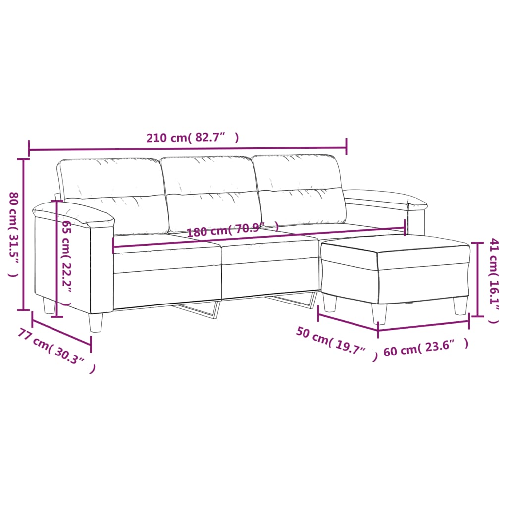 Sofá de 3 lugares c/ apoio pés 180 cm tecido microfibra creme