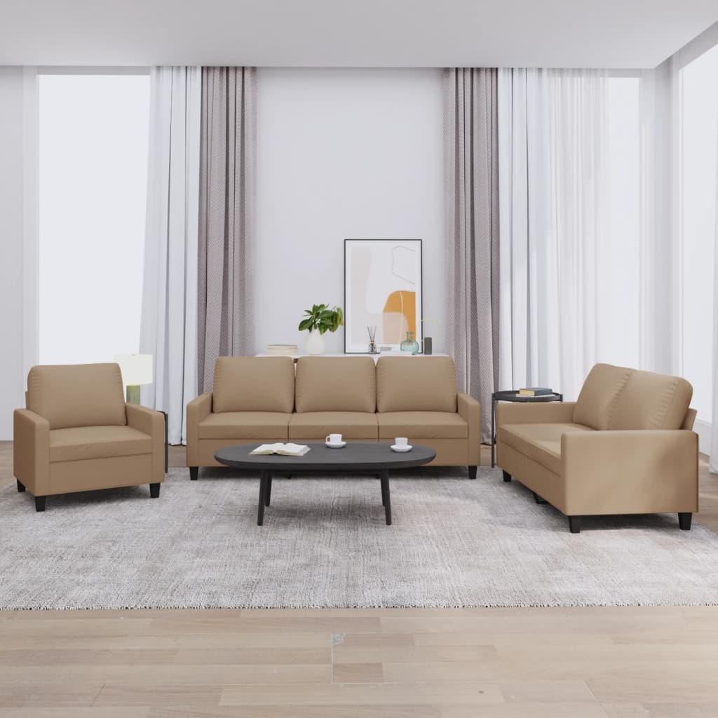 3 pcs conjunto sofás c/ almofadões couro artificial cappuccino