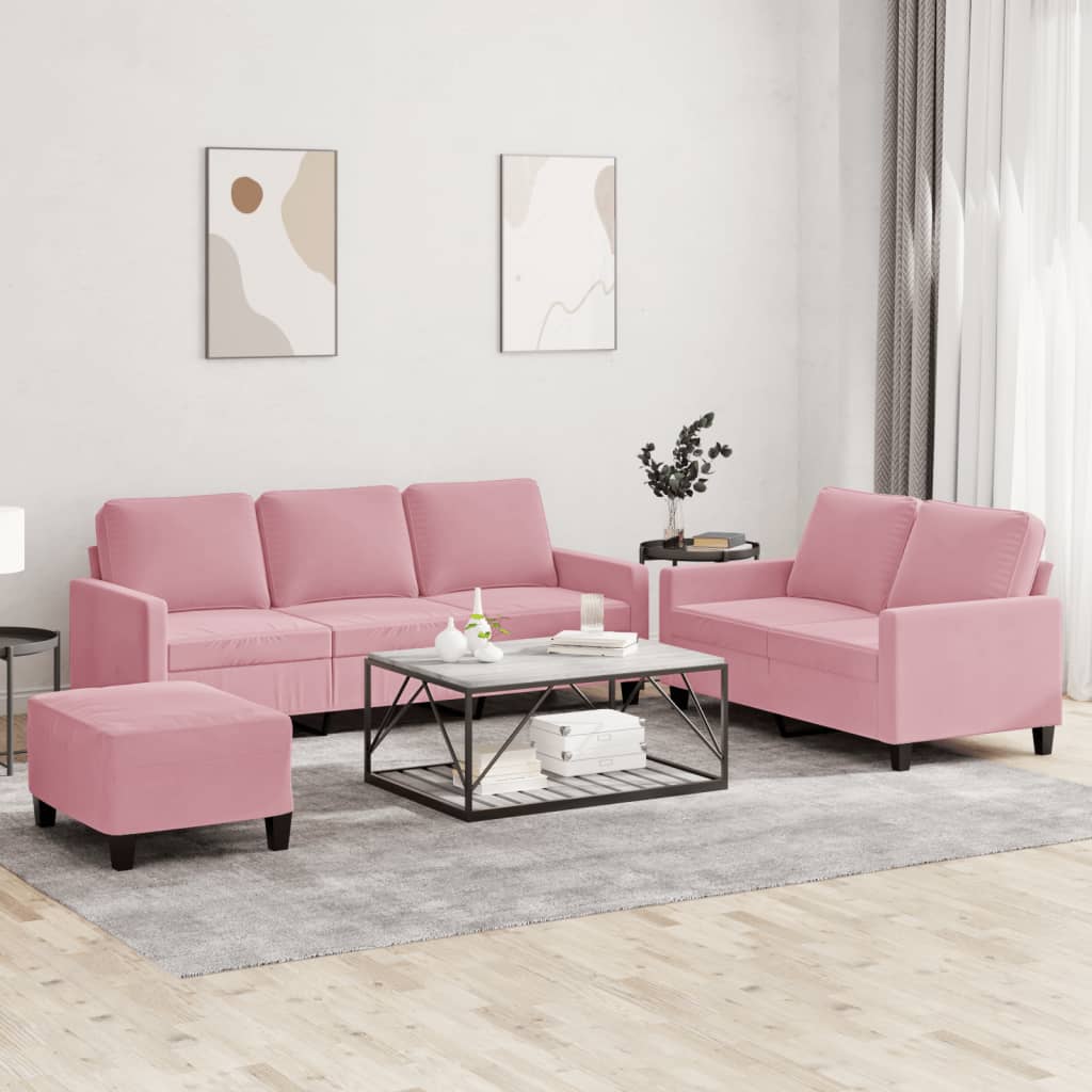 3 pcs conjunto de sofás com almofadões veludo rosa